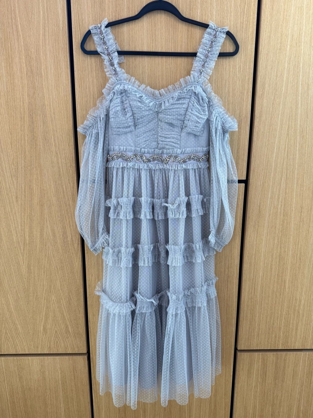 Needle & Thread Light Gray Off-Shoulder Tulle Ruffle Dress - Picture 2 of 5